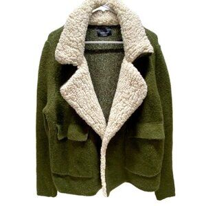 Zara Knit Cardigan Jacket Women's Small Army Green Sherpa Collar Shacket GUC
